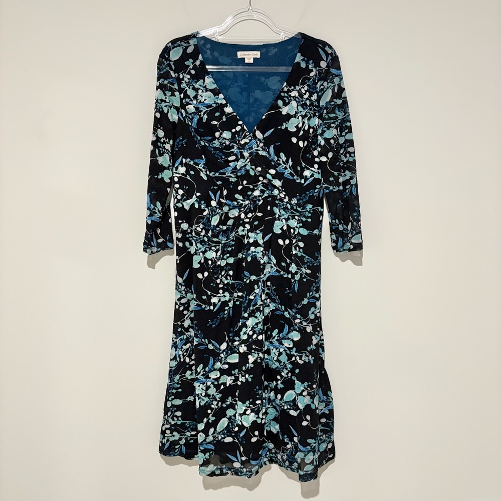Coldwater Creek‎ floral Sheath Dress V-Neck 3/4 Sleeve blue black size 16